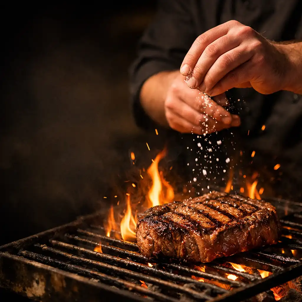 Chef seasoning a premium steak over a glowing charcoal grill in the dark kitchen of The Velvet Felt & Grill