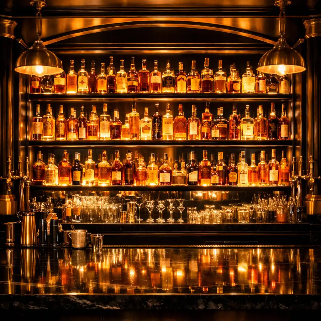 Glowing backbar with rows of backlit bottles in amber and gold tones, polished brass fixtures, and a dark reflective counter