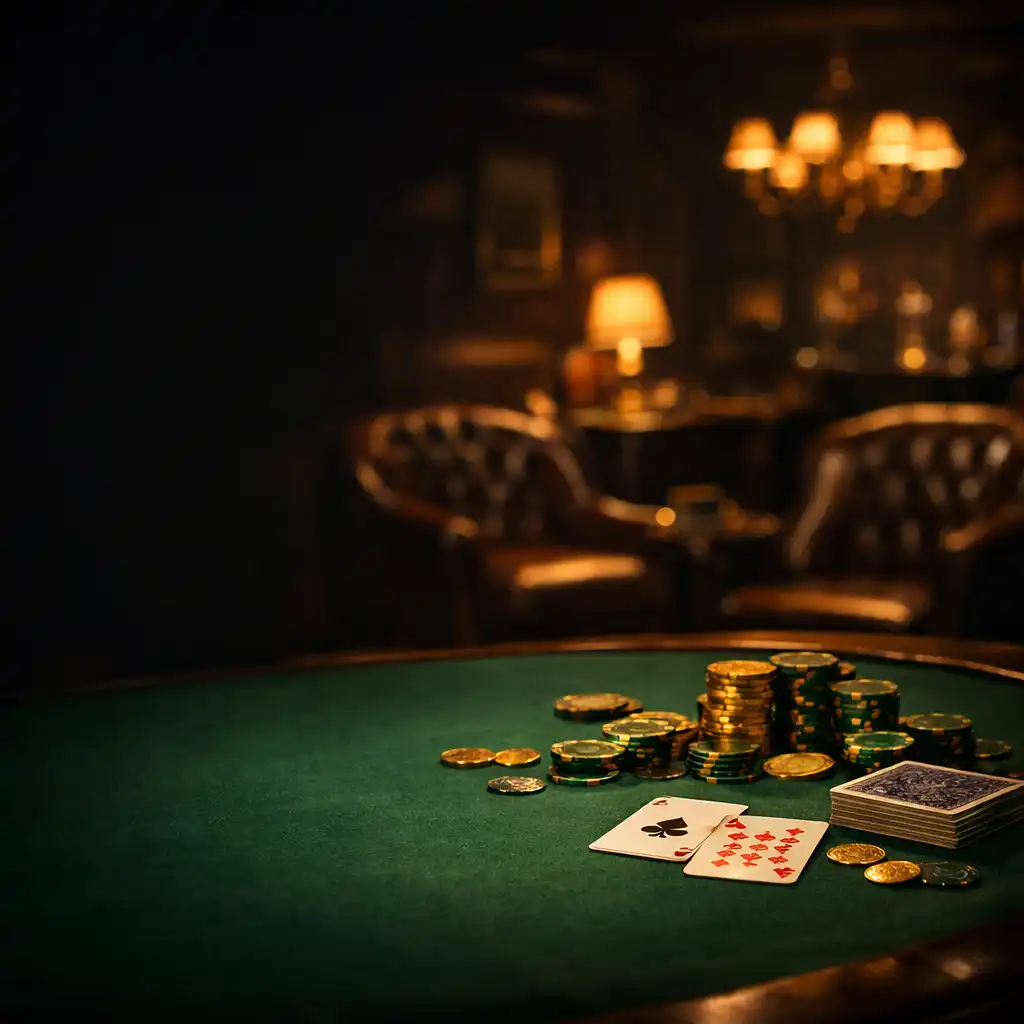 A luxurious dimly lit poker card room with emerald felt tables and gold neon accents
