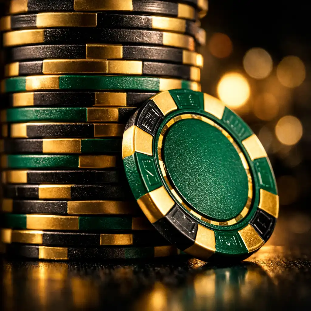 Extreme close-up of a tall stack of poker chips in gold, black, and emerald green with dramatic side lighting