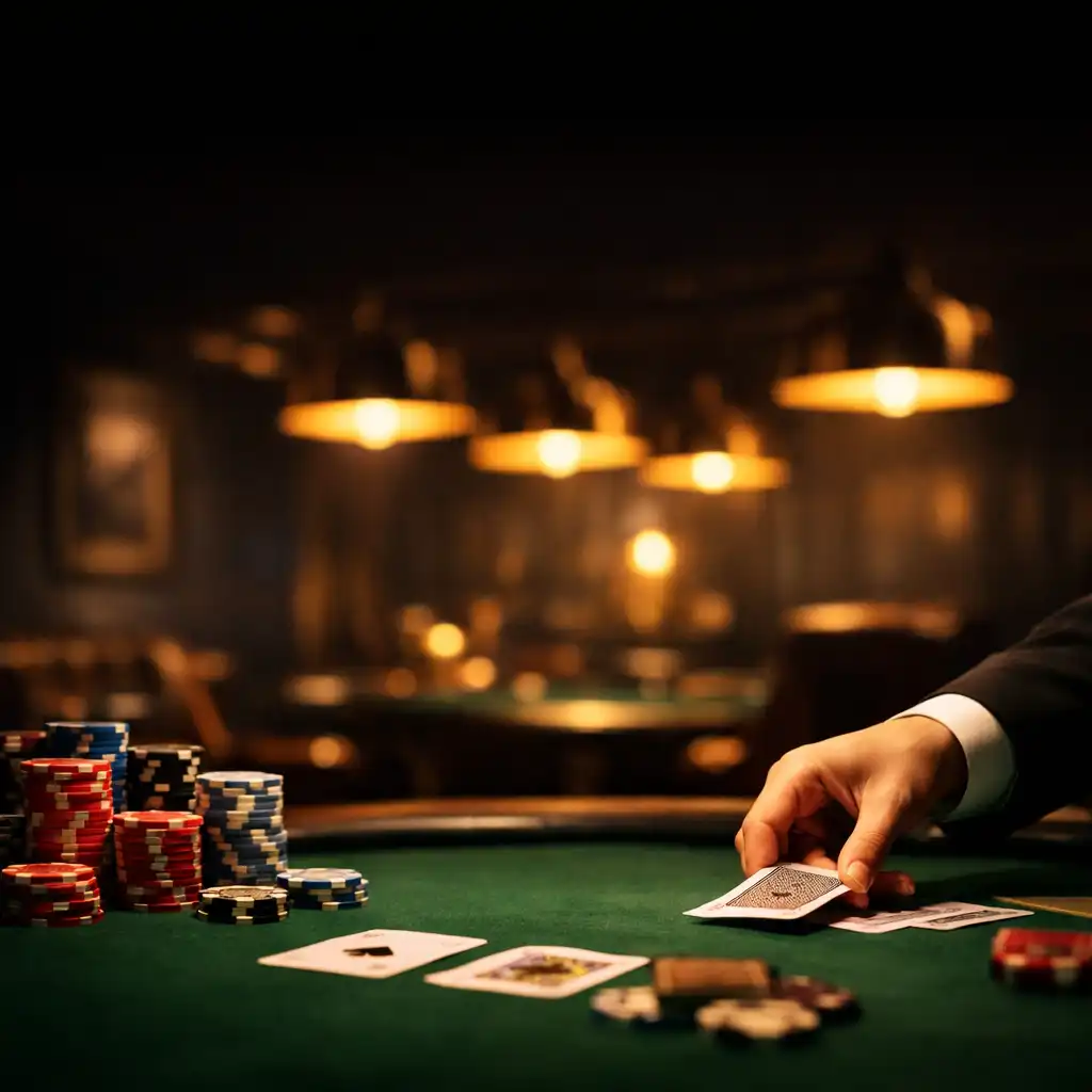 Wide view of the dark luxury card room at The Velvet Felt & Grill, with a poker table, stacked chips, and warm gold pendant lighting