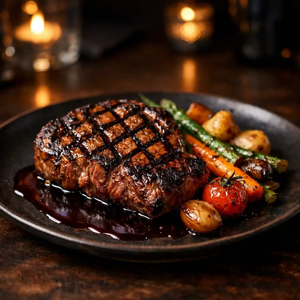 Beautifully plated grilled steak with char marks, roasted vegetables, and red wine reduction