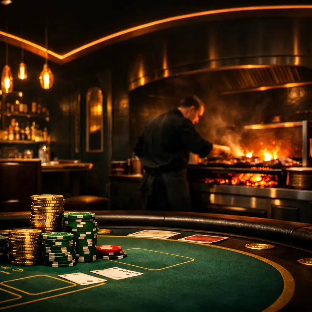 Moody interior of The Velvet Felt & Grill with a custom-felt poker table, gold and green chips, and a charcoal grill glowing in the background