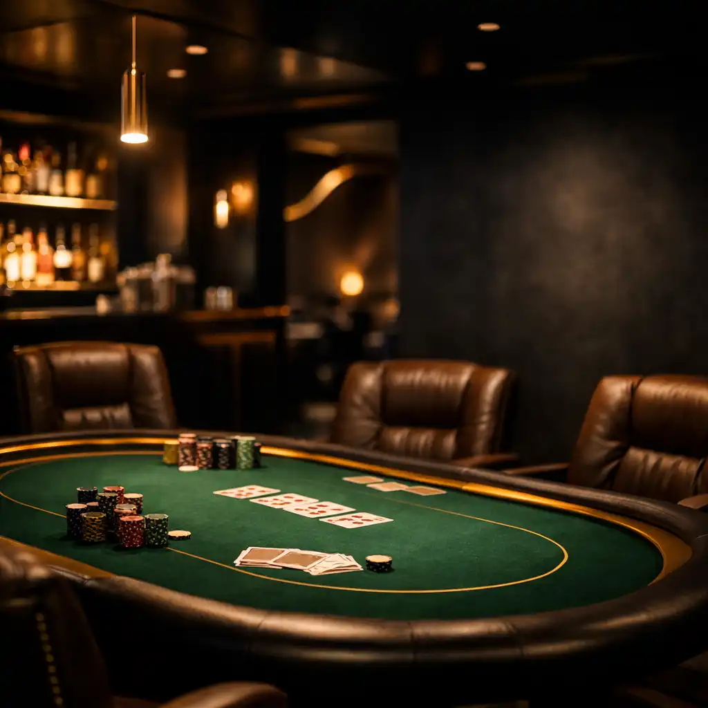Private poker room with a premium table, leather chairs, and warm gold lighting