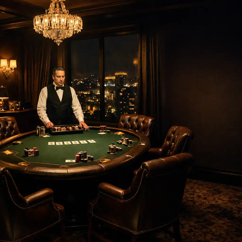 Exclusive private poker lounge with a high-end table, leather chairs, and warm gold lighting at The Velvet Felt & Grill
