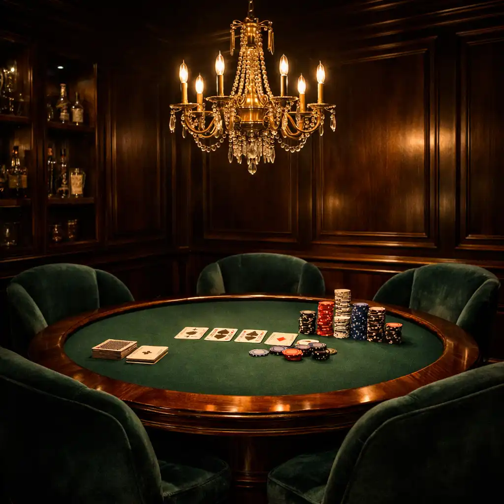 Luxurious private poker suite with a round table, velvet chairs in deep emerald, polished timber paneling, and a gold chandelier