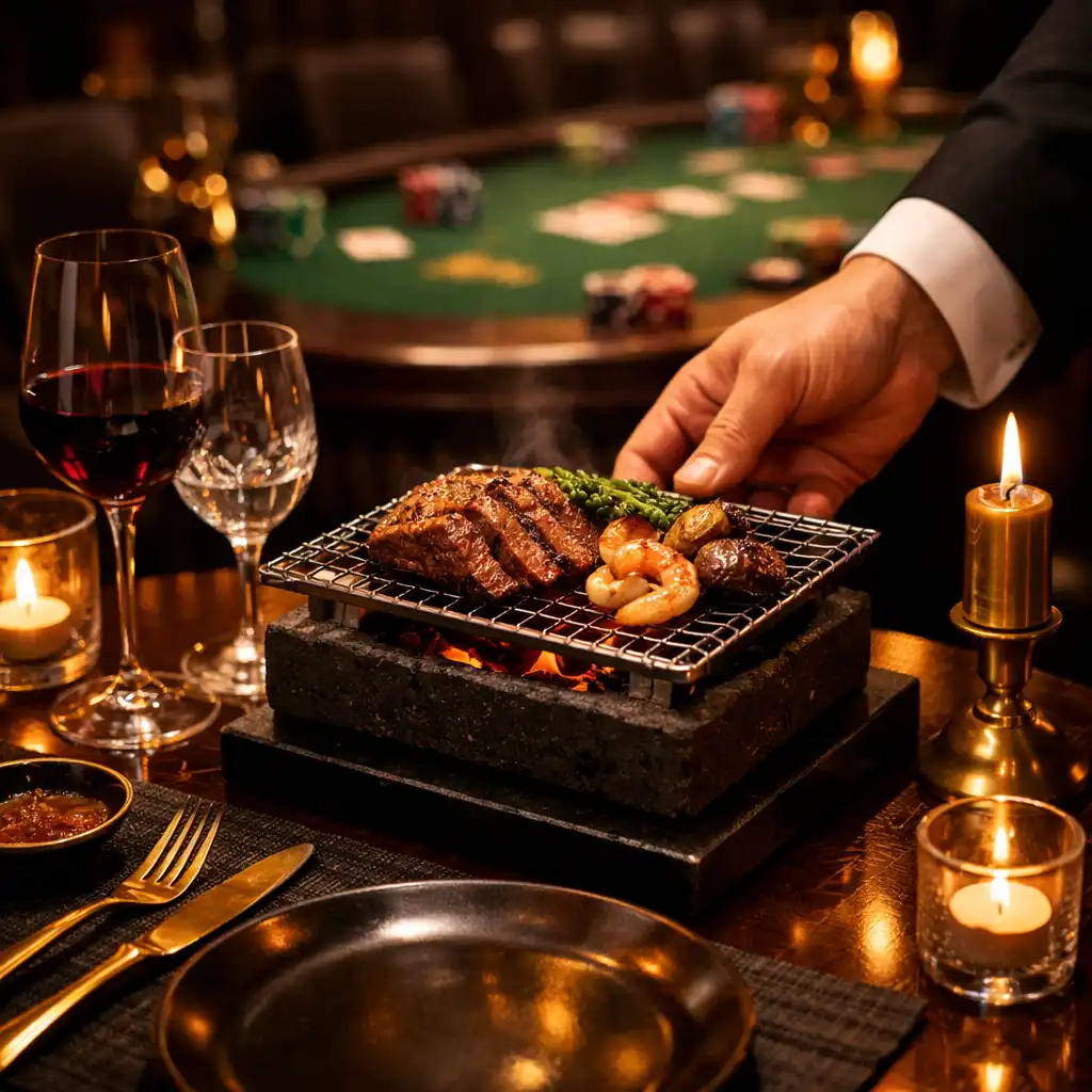Table-side dining in the lounge with a charcoal grill dish, fine wine, and gold cutlery