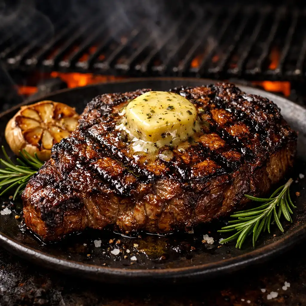 Dry-aged Australian ribeye steak with char marks and bone marrow butter on a dark ceramic plate