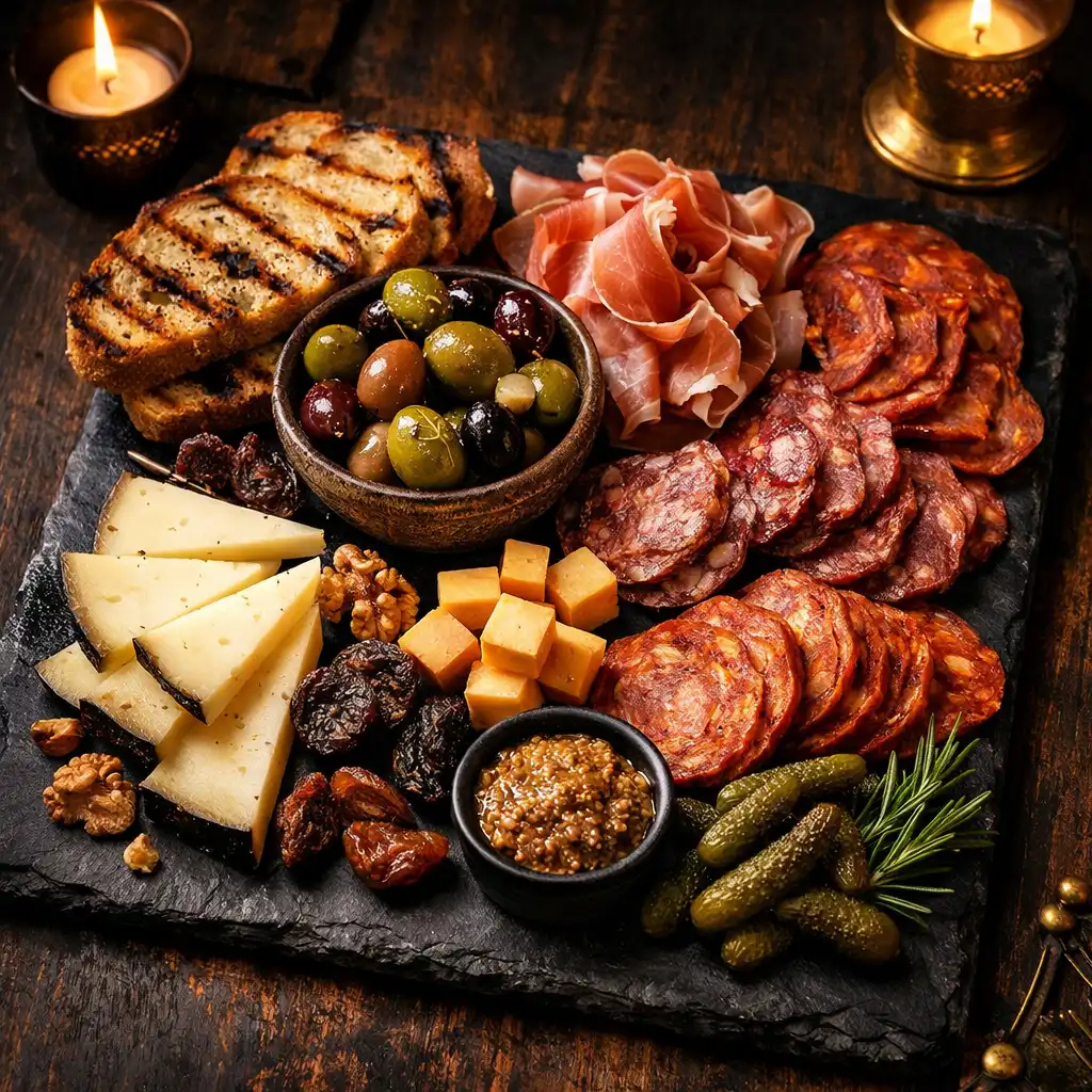Artisanal charcuterie board with cured meats, aged cheeses, olives, and grilled bread on a dark slate board