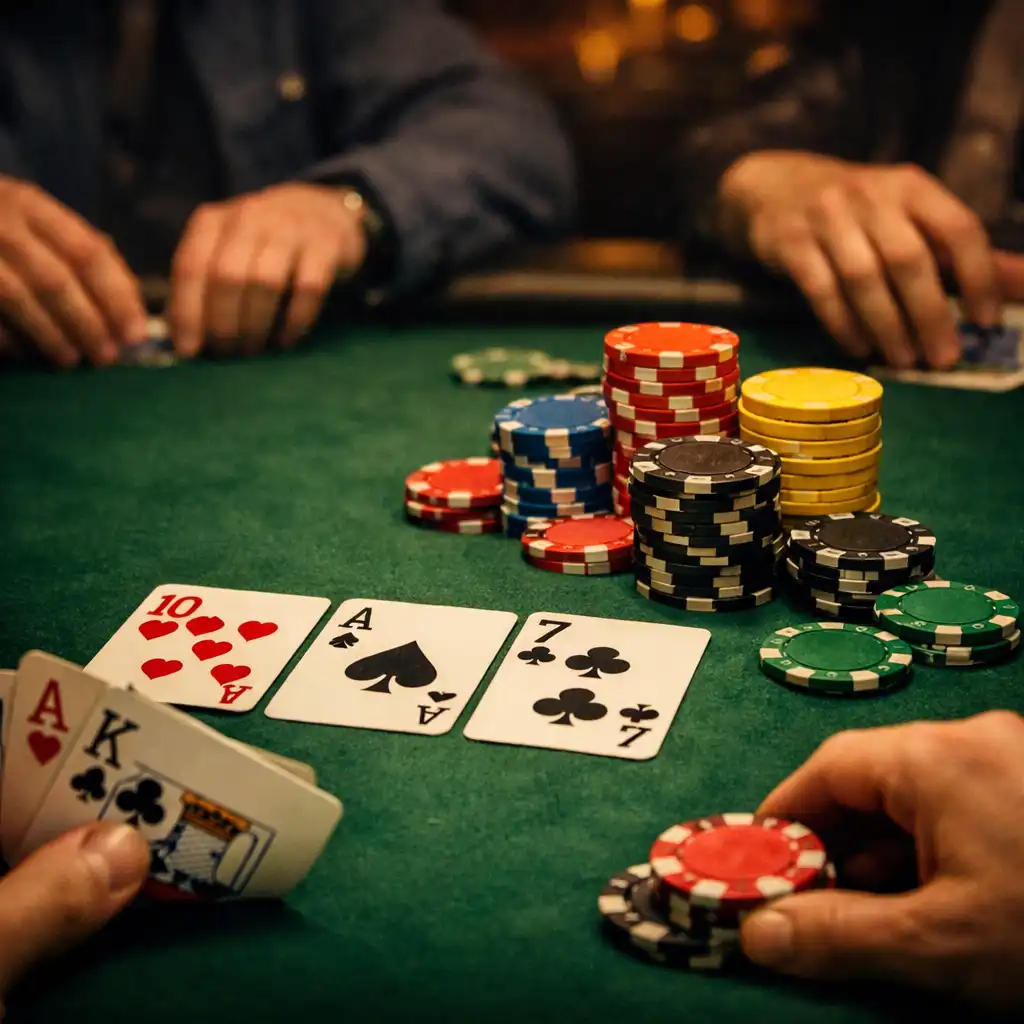 Close-up of a poker table during a Texas Hold'em tournament with players' hands, a flop of cards, and colourful tournament chips