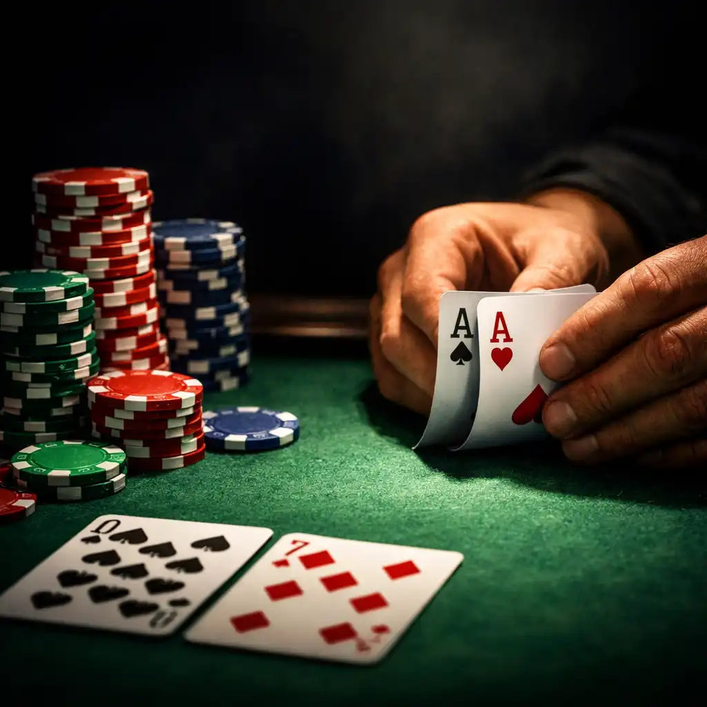 Close-up of hands holding cards and a stack of chips on a poker table under dramatic light