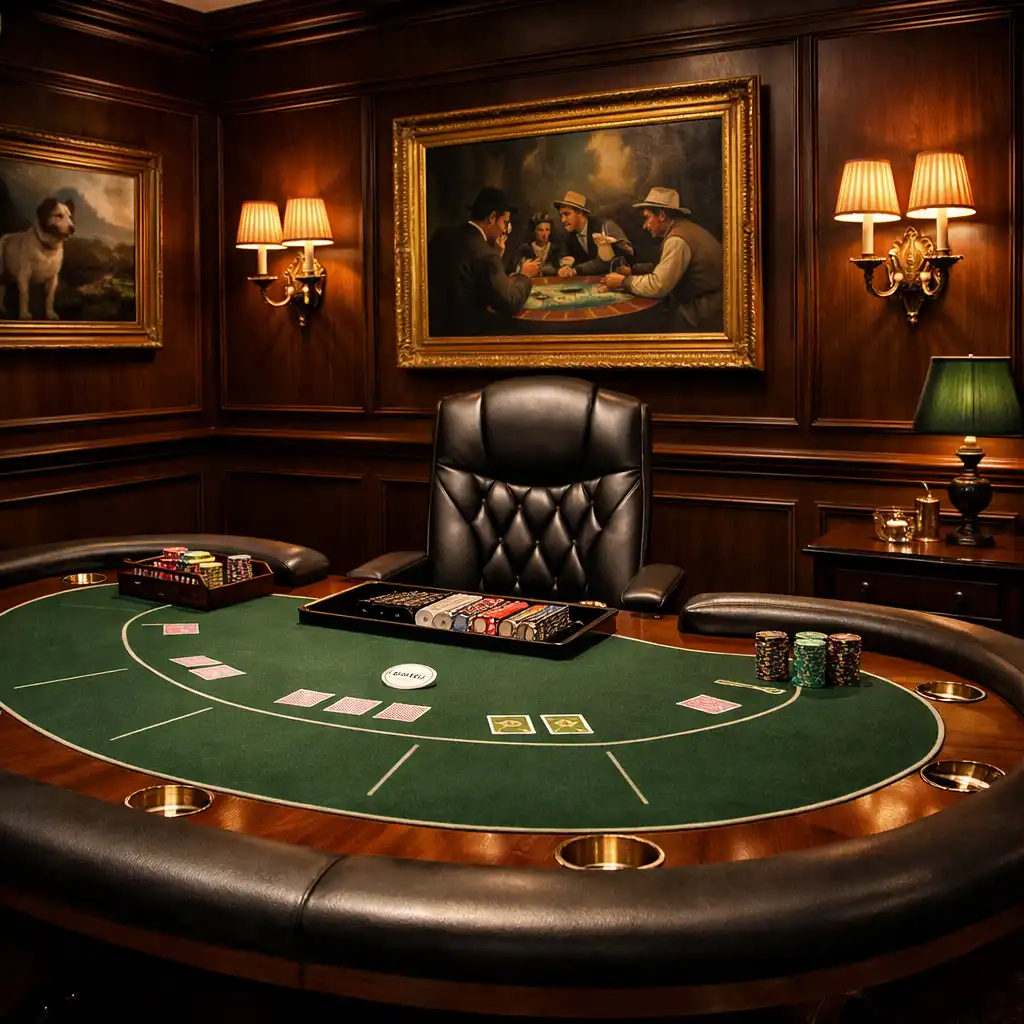 Intimate private poker room with dark wood panelling, a premium felt table, and warm lighting