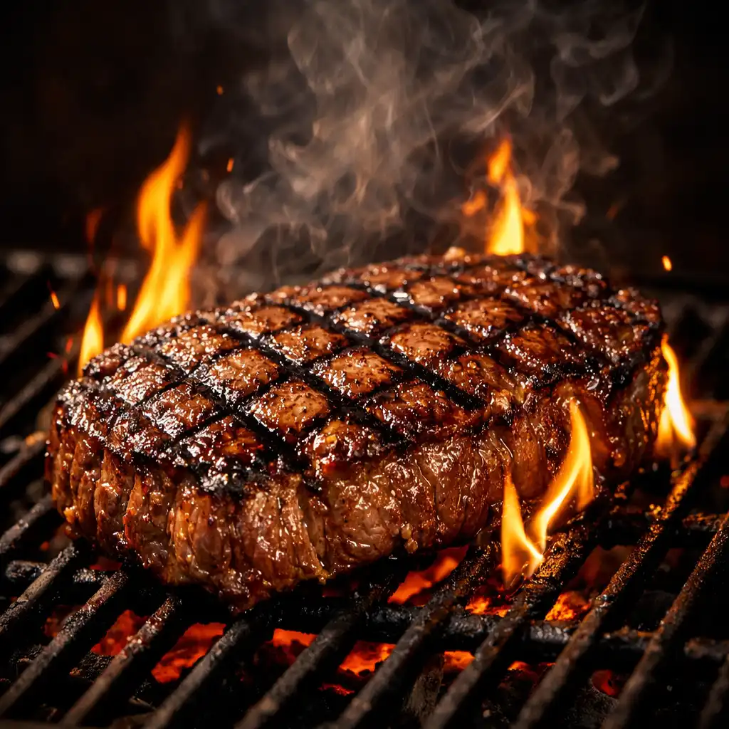 Perfectly seared premium steak on a charcoal grill with flames licking the edges and smoke rising