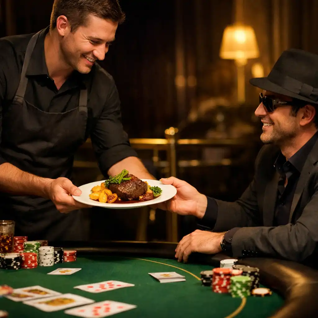 Server in a dark apron delivering a plate of food to a player seated at a green felt poker table