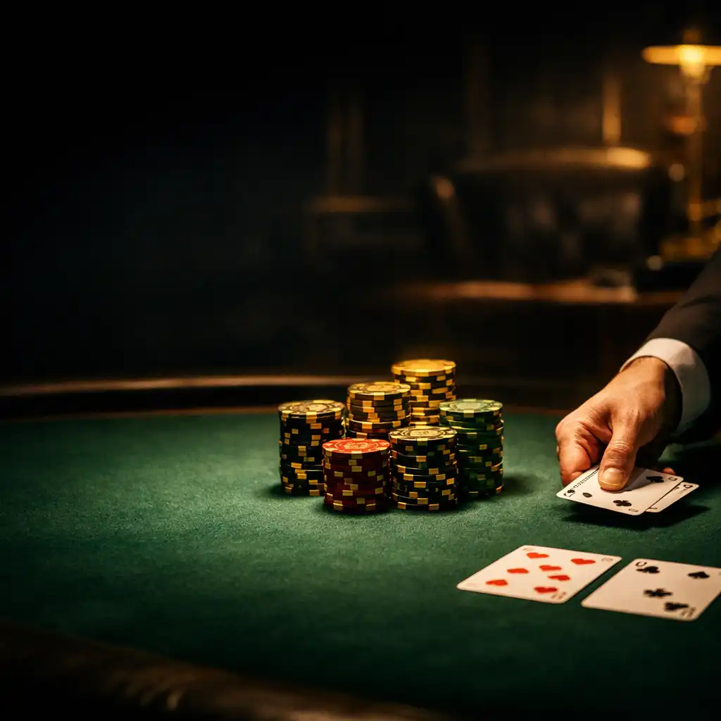 Premium poker table with gold-accented chips in a dark luxury card room