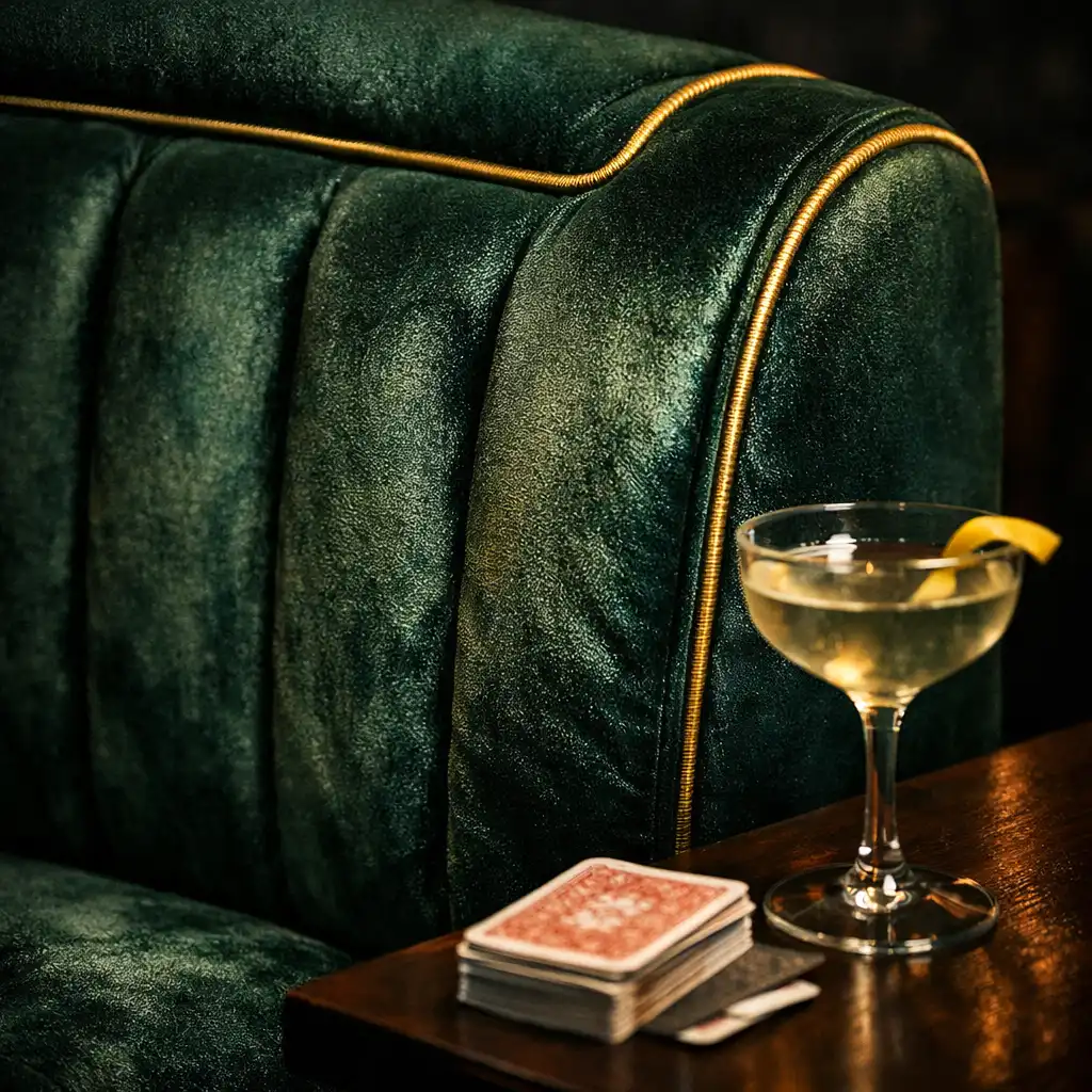 Detail shot of a deep green velvet booth with gold piping, a small table with a cocktail glass and a deck of cards